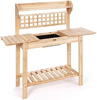 TANGZON Garden Potting Table, Wooden Potting Bench with Trellis, Sliding Tabletop, Removable Sink, Bottom & Top Shelf, Outdoor Planting Workstation for Patio Courtyard, 150 x 45 x 140cm