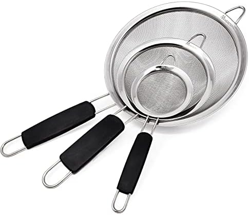 Makerstep Set of 3 Stainless Steel Fine Mesh Strainers Graduated Sizes 3.38", 5.5", 7.87" Strainer Wire Sieve Sifter with Insulated Handle for Kitchen Gadgets Tools - New Home Kitchen Essentials