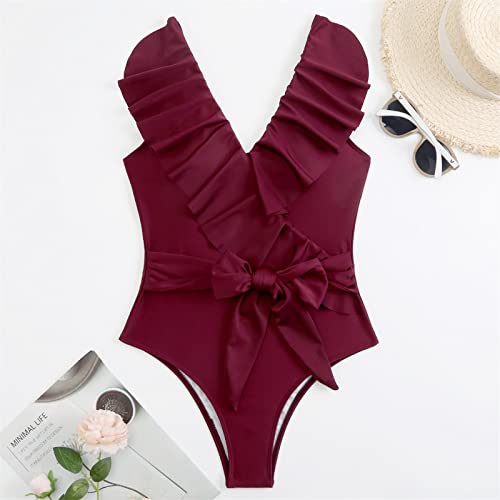 Uqrzau Swim Suit, Sexy One Piece Outfits For Women Swimwear Piece Wrap Bikini Ruffle V Neck Swimsuits Tummy Tie Side Slimming Bathing Swimwear High Waisted Plus Size Swimsuit With (Xxl, Wine) #TOP3