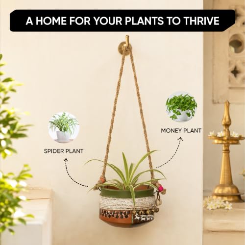 Image of AAKRITI ART CREATIONS Terracotta Hanging Planter | Jute Embellished Brown Earthen Design, Modern Art, Matte Finish | Decorative Hanging Pot for Indoor & Outdoor Home Decor