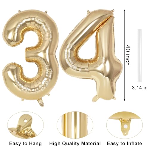 Image of Champagne Large Number 34 Balloon, 40 Inch Light Gold Foil Helium Number Balloons, Giant Mylar Number 34 Balloons for 34 Years Old Birthday Party Anniversary Decorations (Champagne Gold 34)