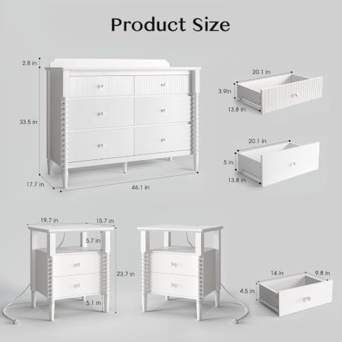 Image of JOINICE White Nightstand and Dresser Sets for Bedroom, Jenny Lind Spindle