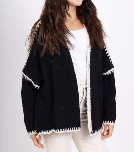 Image of chouyatou Women Fall Open Front Color Block Cardigan Sweater Casual Striped Chunky Knit Oversized Cardigan