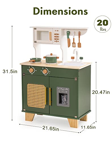 ROBOTIME Play Kitchen with Pretend Ice Cube Dispenser for Toddler, Wooden Kids Kitchen Play Set, Toy Kitchen Set for Kids Age 3 4 5 6 7 (Vintage Green)