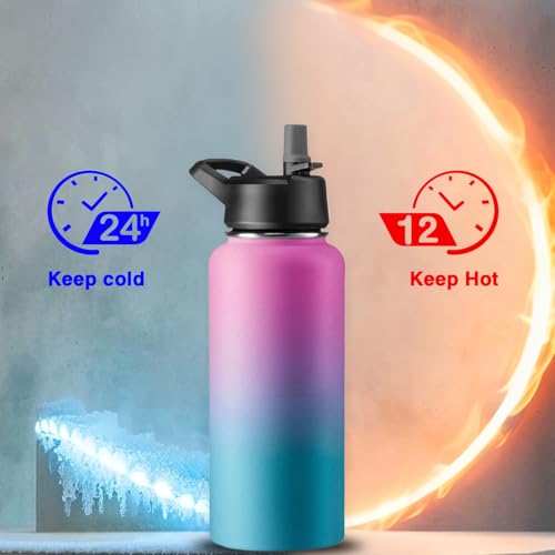 GARUET 950 ml Dreifach isolierte Wasserflasche mit Strohhalm - Edelstahl Metallflasche mit 3 auslaufsicheren Deckeln - Für Reisen, Schule, Sport, Fitness/Männer, Frauen & Kinder (Pacific Blue Rose