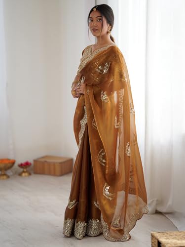 Image of Satrani Women's Tissue Silk Sequin Embroidery Scalloped Border Saree with Unstitched Blouse Piece
