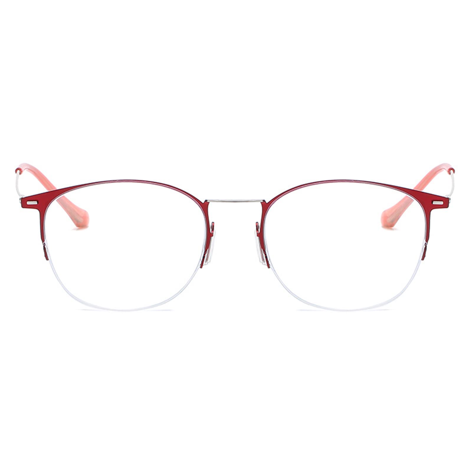 Gafas de Lectura con luz antiazul para Mujer, Gafas de Medio Marco Redondas de Metal para Ancianos, Gafas para presbicia óptica antitensión Ocular, RedSilver-+2.00