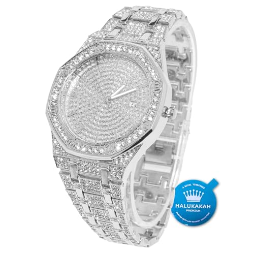 HALUKAKAH Diamant Montre en Or, Hommes Plaqué Or Blanc Platine 40MM Large Octogonal Rond Cadran Quartz Bracelet 22cm, avec Boite Cadeau