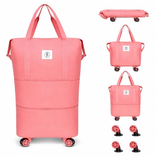 Image of Btag Travel Duffle Bag with Wheels | Convertible Handbag, Trolley & Shoulder Luggage for Clothes | Space-Saving Foldable Travel Companion |Expandable & Waterproof Traveling Bag for Unisex (Sweet Pink)