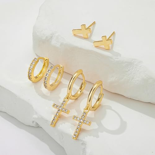 Gelbesty 3 Pairs Gold Dangle Earrings Set for Women Dainty Seashell Starfish Cross Stud Hoop Earrings for Multiple Piercing Cartilage 14K Plated Womens Summer Jewelry Gifts3