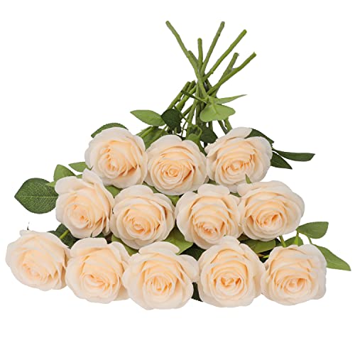 JUSMAI 12pcs Roses Artificial Flowers Champagne Silk Roses with Long Stems Fake Flowers for Wedding Bouquet Centerpices Decorations Party Bridal Baby Shower Home Decor