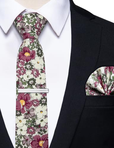 Image of YourTies Cotton Floral Tie for Men 2.5 inch Printed Skinny Necktie Pocket Square Tie Clip Set Flower Wedding Party Groom
