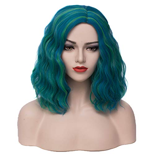 PATTNIUM 14 Inch Shoulder Length Wig Short Wavy Wig Multicolor Wig for Women and Girls Cosplay Costume Wig (Blue Mix Green)
