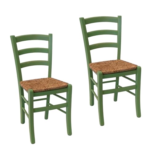 Import Trade – Lot de 2 Chaises Venezia en Bois Vert, Cuisine, Restaurant, Salle à Manger et Agritourisme, Chaise Rustique en hêtre avec Assise en Paille de Riz,...