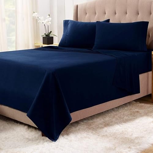 Image of BEVI Home Premium Solid Plain Double Bedsheet Without Pillow Cover 300 TC Microfiber for Double Bed Size 90 inch x 95 inch Navy Blue