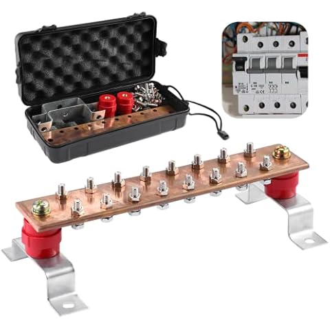 Wall Mounted Copper Ground Bar with 9/32" x 16 Terminal Positions, 9.8” x 2.0” x 0.2” Bus Bar with Mounting Brackets, Insulators, Bolts, Washers, Bus Bar for High Low Power Electrical Appliances Cover