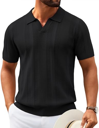 COOFANDY Black Polo Shirts for Men Textured V Neck Knit