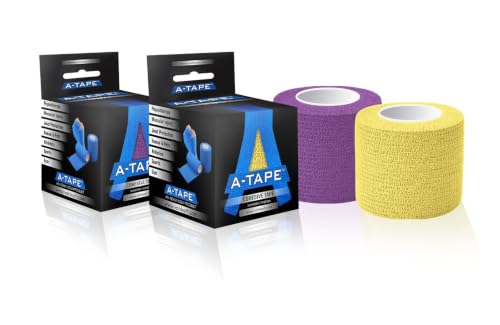 Image of Cohesive Self Adhesive Bandage | Self-Adhesive Compression Wrap - Sports, Gym & Joint Protection Tape | (Reusable & Waterproof, 5 cm X 4.5 Mtr) Crepe Bandage Pack of 2 (Yellow, Purple)