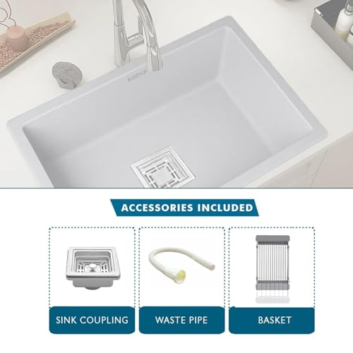 Image of BASINQU Quartz Kitchen Sink 24 x 18 x 9 Inch Granite Kitchen Sink Single Bowl Grey Quartz Sink for Kitchen Basin Sound Dampening Scratch Resistant UV-Protected Noise Reducing sinks