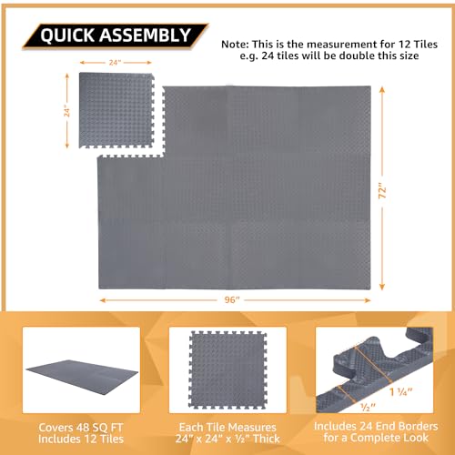 Image of 12 Pack, 48 SQFT - 24 inch x 24 inch - 1 /2 inch Extra Thick Floor Exercise Mat for Home Gym or Floor Padding - High-Density EVA Interlocking Foam Floor Tiles for Gym Equipment, Play Area | Yoga, Cardio, Weights