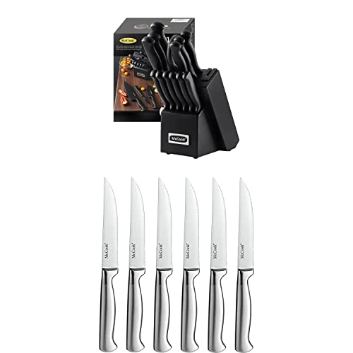 McCook MC21B 15 Pieces Stainless Steel Knife Block Sets with Built-in Sharpener + McCook MC59 Full Tang Serrated Stainless Steel Steak Knives Set