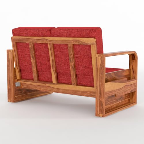 Image of Solid Sheesham Wooden 2 Seater Sofa for Living Room | Sofa with Side Pocket Storage & Cushion | Rosewood Sofa Set for Home & Office (Honey with Red Cushion, 2 Seater)