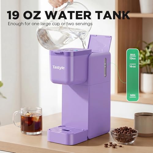 Image of Tastyle Single Serve Coffee Maker Hot and Iced with Bold Brew, Up to 16 Oz | for K Cup and Ground, Fits 7.3'' Travel Mug, 5 Cup Sizes, Compact for Office, RV& Hotel, K320, 3.0 Version, Pastel Purple