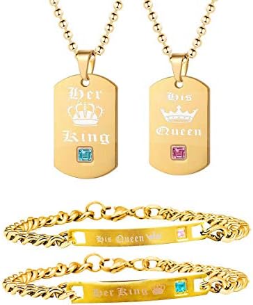 Uloveido His and Hers Titanium Stainless Steel Matching Necklace and Bracelet Set His Queen and Her King Couples Bracelet Valentine's Day Gifts ST117