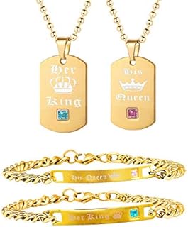 Uloveido His and Hers Titanium Stainless Steel Matching Necklace and Bracelet Set His Queen and Her King Couples Bracelet Valentine's Day Gifts ST117