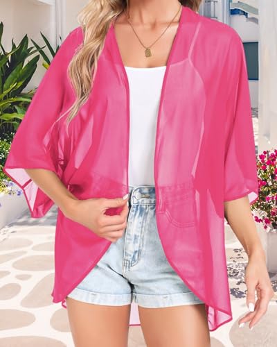 Kimonos for Women Casual Lightweight Cardigan Half Sleeve Floral Daily Outfit(Barbie Pink,L)