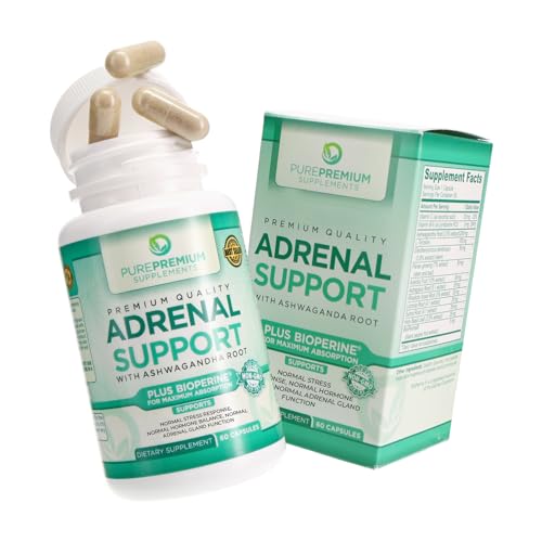 PurePremium Adrenal Support Supplements with Ashwagandha Root Extract - with Bioperine for Maximum Absorption - Supports Normal Adrenal Health Gland Function - 2 Months Supply - 60 Capsules