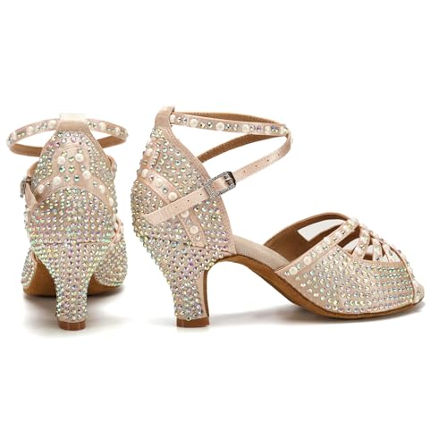 Image of JUODVMP Women's Latin Dance Shoes Rhinestones Satin Ballroom Dancing Shoes Salsa Professional Dance Shoes