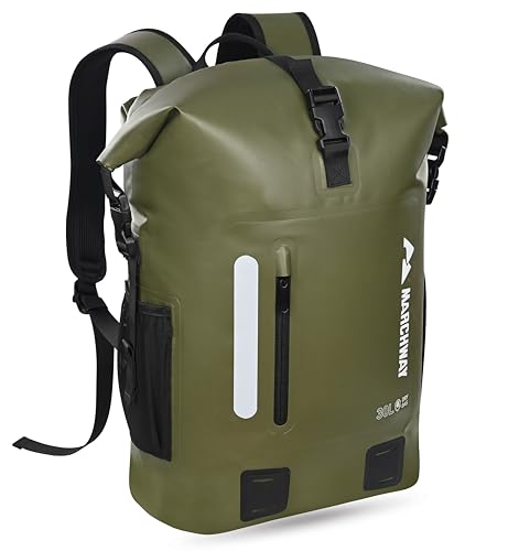 MARCHWAY Roll Top Waterproof Backpack, Floating Dry Bag 20L/30L/45L with Ergonomic Rectangular Base, Cushioned Back, Hip Strap for Hiking Camping Kayaking Travel (Army Green, 20L)