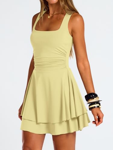 Image of Trendy Queen Women's Square Neck Summer Party Flowy Ruffle Hem Ruched Waist Mini Dress