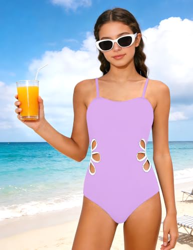 Image of Girls Swimsuit Adjustable Straps Cut Out One Piece Bathing Suit with Solid Color Cover Up Skirt Girls' Swimwear 5-16Y