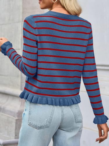 Image of Saodimallsu Womens Ruffle Cardigan Sweaters Button Up Crew Neck Long Sleeve Cropped Sweater Cute Soft Knit Tops