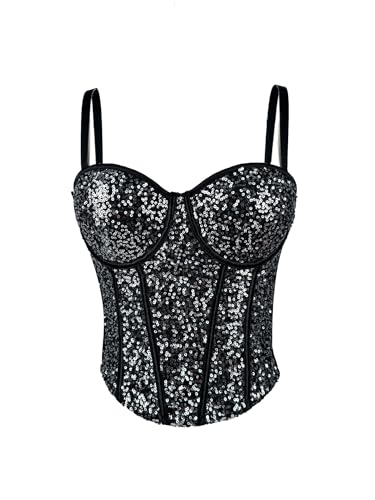 Sparkle Corset Tops for Women Sequin Underbust Corset Lace Fish Boned Bustier Corset Tops Glitter Sexy Club