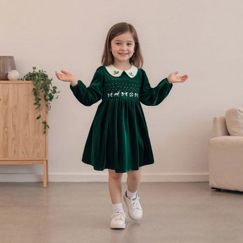 Kids Baby Girls Velvet Christmas Dress Reindeer Bow Embroidered Smocked Dresses Long Sleeve Doll Collar Dress2