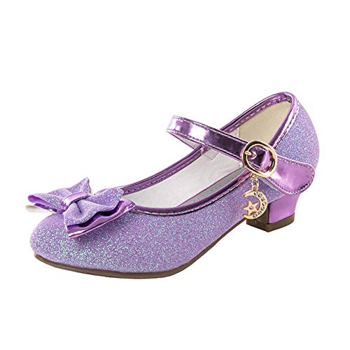 Zapatos Tacon Niña Zapatillas Princesa Lentejuelas Infantil Sandalias de Vestir Fiesta Bowknot para Niñas 27 EU,Morado