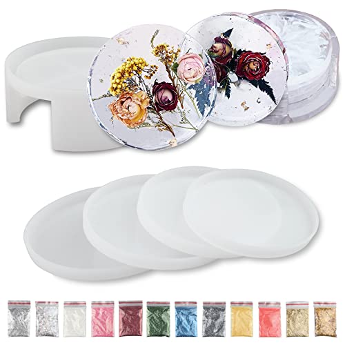 WithFlying Silikonform Epoxidharz Untersetzer Harz Formen 4 Stück Untersetzer Set Mit 12 Stück Blattgold DIY Kunstharz Gießen Set Rund Für Haus Dekoration Cover