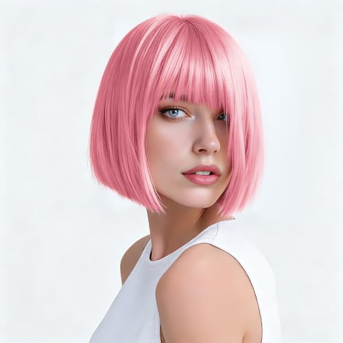 kuttolee Pink Bob Wig Colorful Short Bob Wigs with Bangs, Synthetic Party Wigs Funny Cosplay Hairpieces for Women Men Daily Bachelorette Halloween Costume Party Decorations