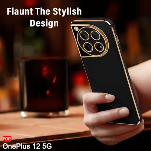 Image of TheGiftKart Luxurious Golden-Plated Back Cover Case for OnePlus 12 5G | Raised Lips for Camera & Screen Protection | Shockproof Design | Stylish Back Cover Case for OnePlus 12 5G (TPU, Black)