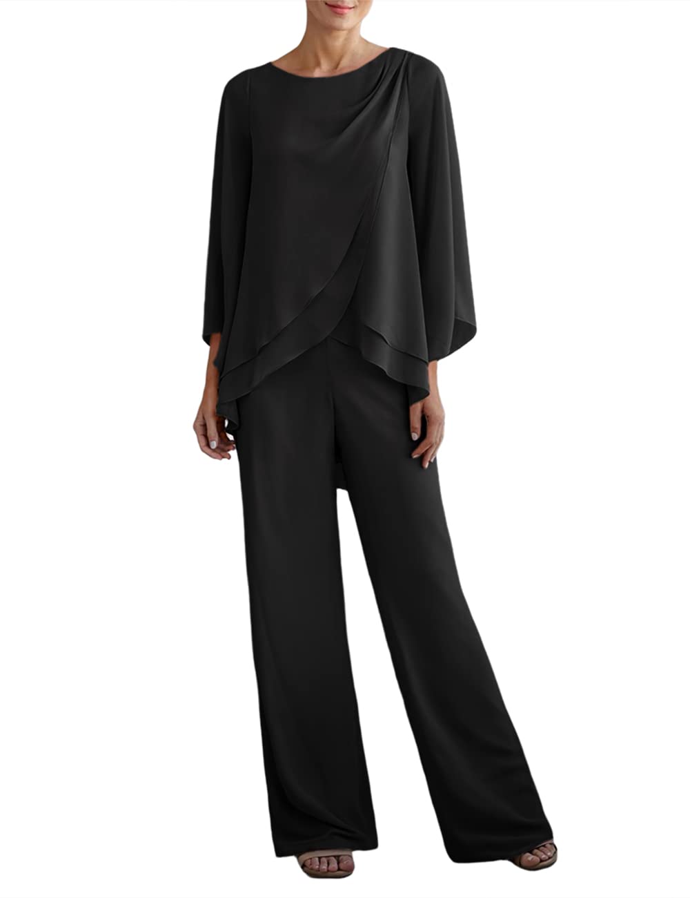 Womens Chiffon 2 Pcs Mother of The Bride Pant Suits Asymmetrical Hem Tops Pants Plus Size Wedding Party