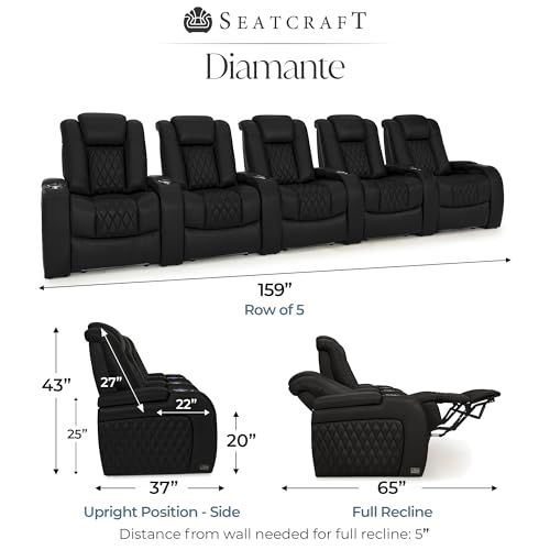 Image of Seatcraft Diamante Home Theater Seating Black Row of 5 | Italian Leather, Wall Hugger, Zero Gravity, Powered Headrest, Power Recline, Zero Gap, USB charging