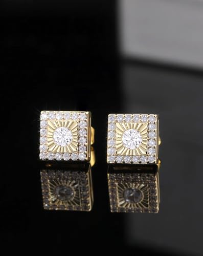 Moissanite Earrings for Men, Lab Diamond Cluster Studs Sterling Silver 18K Gold Plated Hypoallergenic Iced Out Big Hip Hop Earring Square Push Back with VVS1 GRA Certified 8/9/10MM2