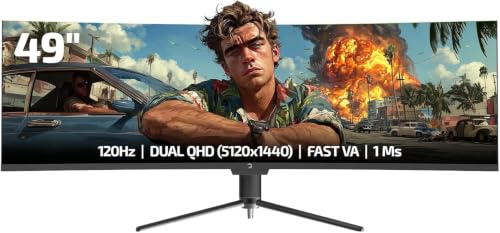GAMEPOWER DQ49 49 Zoll Ultrawide Curved Gaming Monitor, 120Hz, 1ms, DQHD 5120x1440, 32:9 VA Panel, HDR400, Adaptive Sync, Höhenverstellbar, Integrierte Lautsprecher, HDMI & DP PC Bildschirm