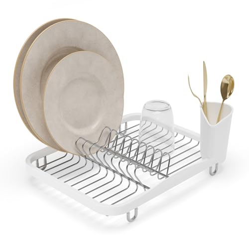 Umbra Sinkin Dish Drying Rack – Drainer Caddy with Removable Cutlery Holder – Use In Sink or On Counter, Standard, White/Nickel by Umbra - Used condition - CA$26.54
