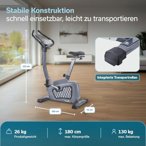 Foto von Skandika Wiry Ergometer Heimtrainer 11 kg Schwungmasse 24 Trainingsprogramme 32 Widerstandsstufen Magnetbremssystem Bluetooth Kinomap App-Steuerung Transportrollen (grau)