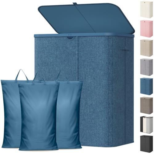 Image of Lifewit 185L 3 Section Laundry Hamper with Lid, Large Laundry Basket with Handles and Removable Bags, Tall Clothes Hamper, Foldable Laundry Sorter for Bedroom Bathroom, Dark Blue