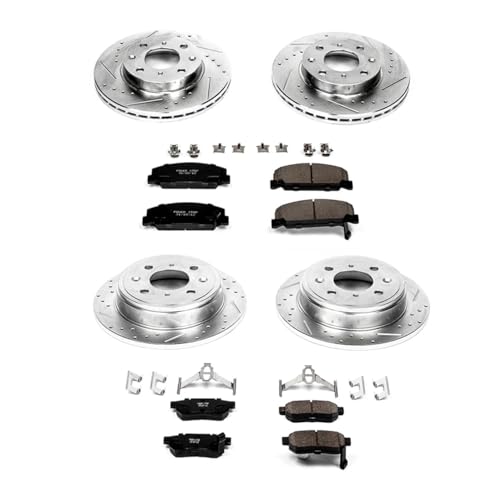 Image of PowerStop Front and Rear Brake Kit for Honda Civic 1992-95 | Honda Civic del Sol 1993-97 - Drilled and Slotted Disc Rotors with Carbon-Fiber Ceramic Brake Pads Replacement, K700